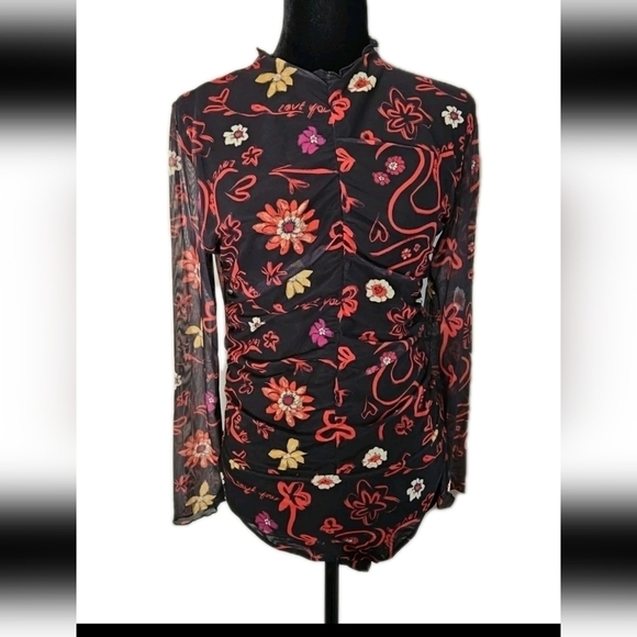 Desigual Womens Tulle Ruched Floral Artistic Long Sleeve Colorful Bodysuit L - Picture 5 of 15